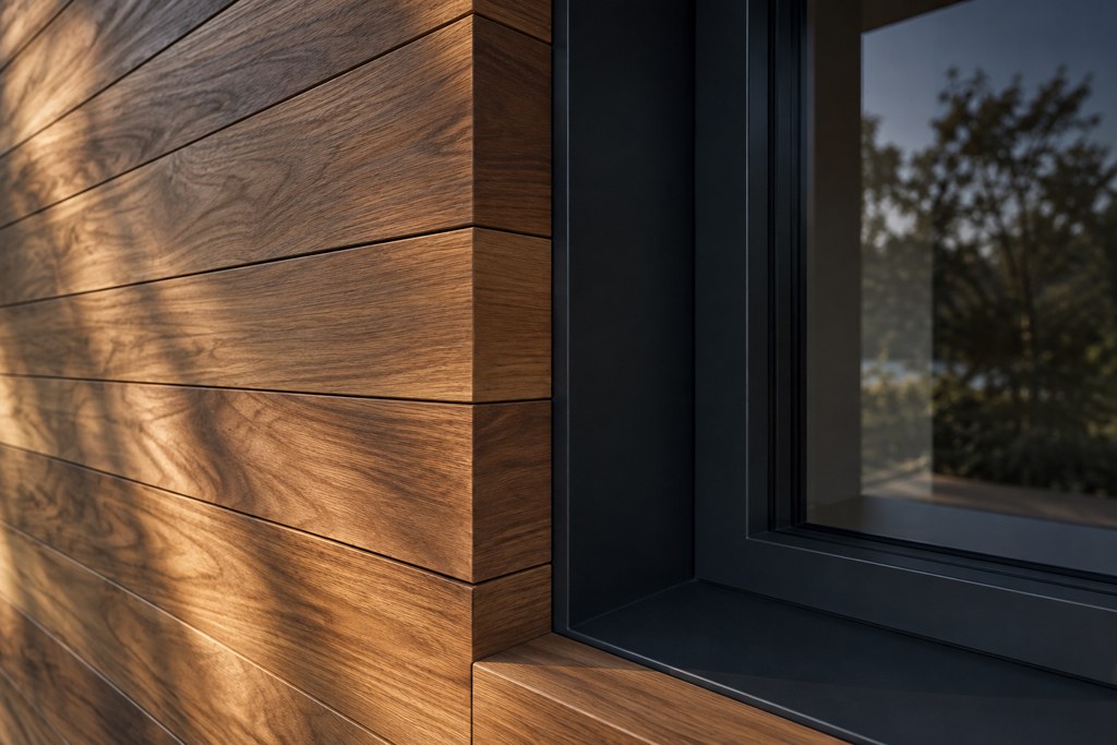 Wood cladding meeting a dark window reveal